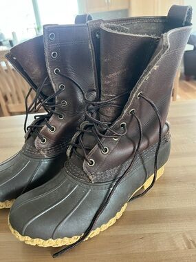 L.L. Bean Dark Brown Leather and Black Rubber Lace-Up Boots with Tan Soles